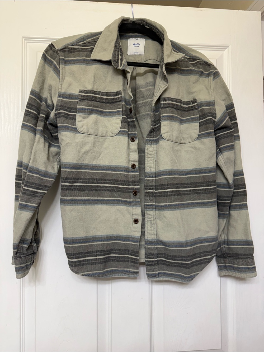 Katin Striped Button-Up Shirt Jacket in Sage Green and Gray